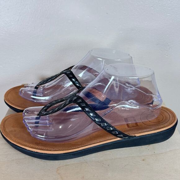 Fitflop Shoes Womens 10 Strata Sandals Black Leather Flip Flop Comfort - Picture 3 of 8